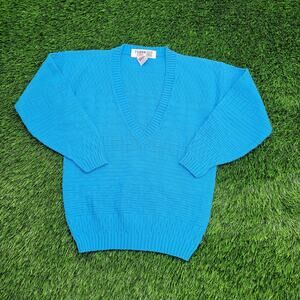 Vintage Little Funky Deep V-Neck Sweater Womens 2XS/XS 17x22 USA Turquoise